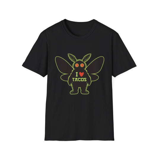 Mothman loves Tacos Unisex Softstyle T-Shirt, Funny Taco Lover Tee, Foodie Gift, Casual Wear, Perfect for Taco Tuesday, Unique Graphic Shirt