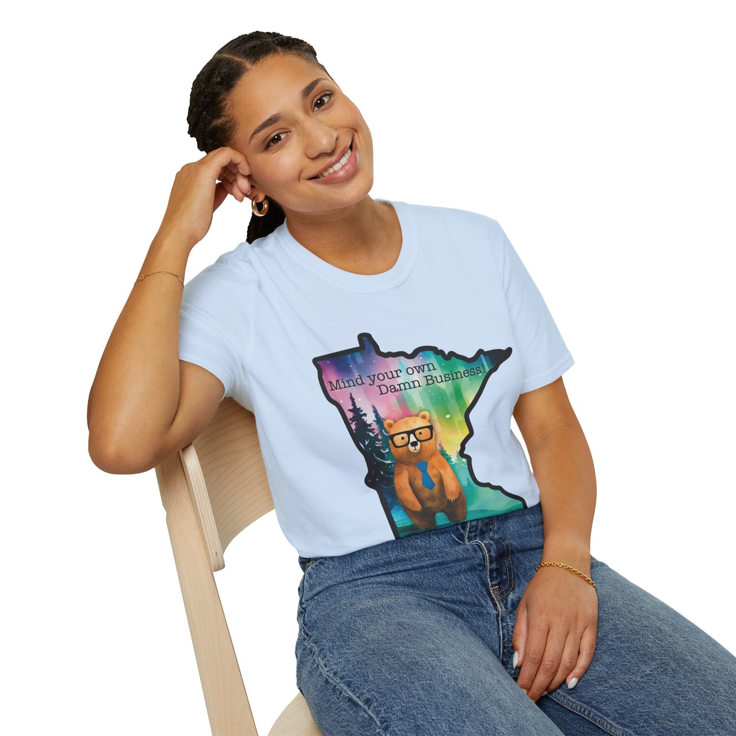 Whimsical Minnesota Bear T-Shirt, Mind Your Own Damn Business Tee, Casual Gift, Fun Apparel, Northern Lights Style, Unique Souvenir
