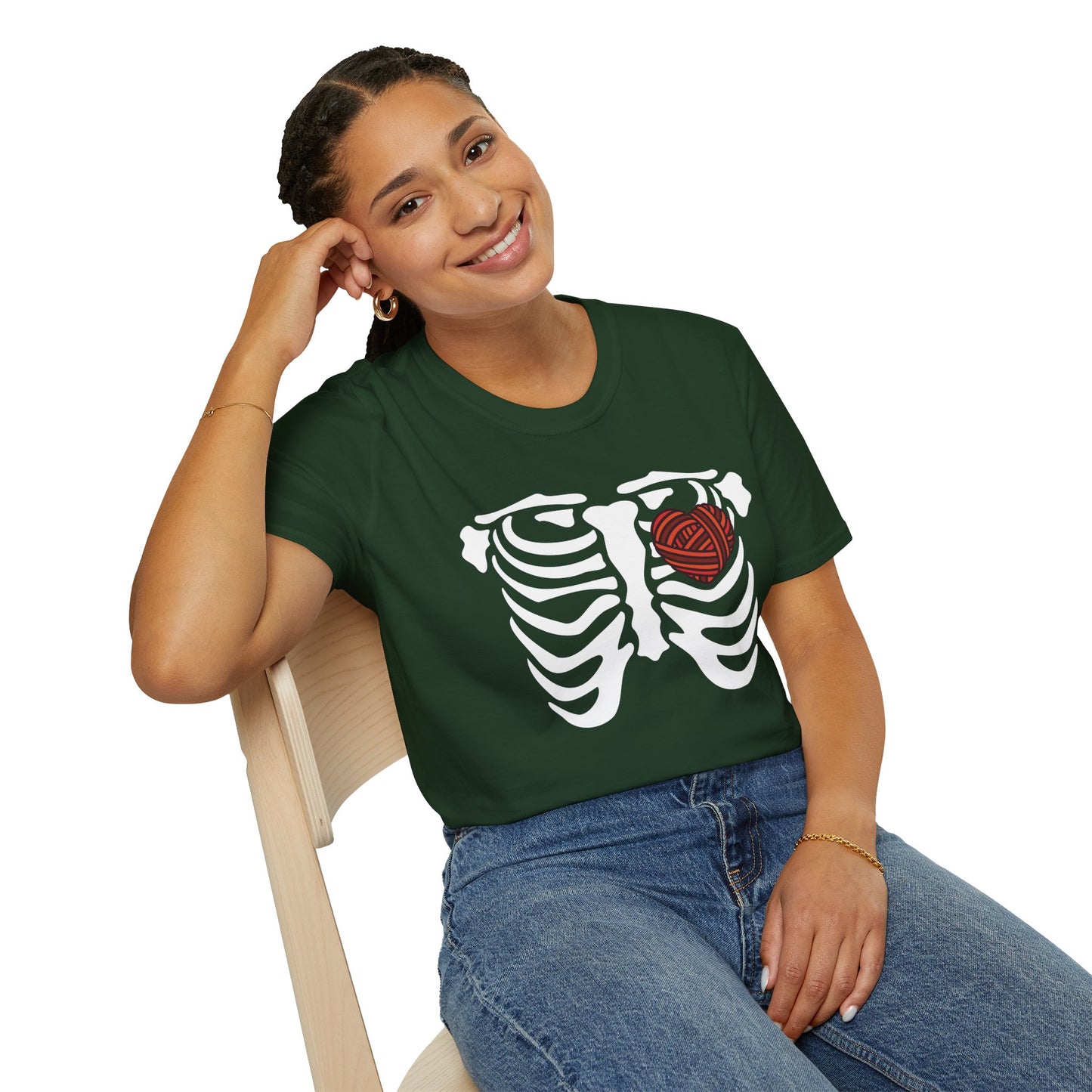 Yarn lover’s Skeleton Heart Unisex T-Shirt | Gift for Couples, Fun Graphic Tee, Romantic Apparel, Halloween Shirt, Love Theme