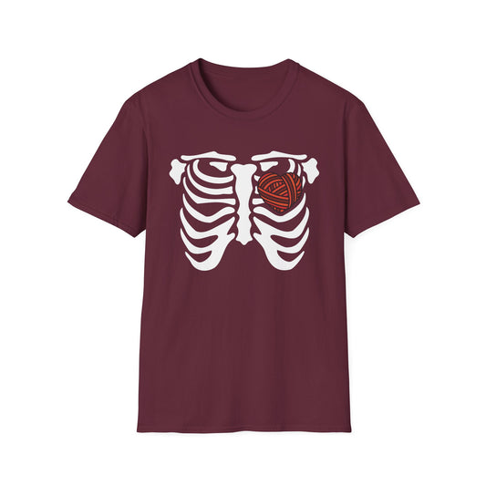 Yarn lover’s Skeleton Heart Unisex T-Shirt | Gift for Couples, Fun Graphic Tee, Romantic Apparel, Halloween Shirt, Love Theme