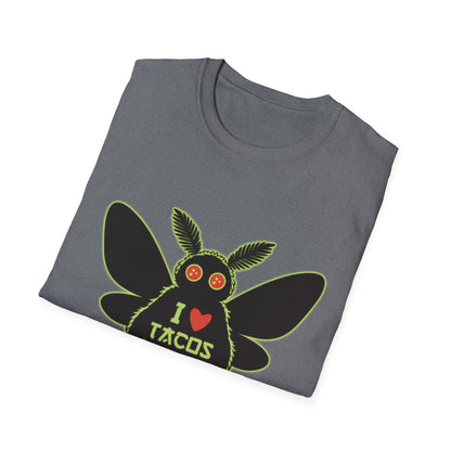 Mothman loves Tacos Unisex Softstyle T-Shirt, Funny Taco Lover Tee, Foodie Gift, Casual Wear, Perfect for Taco Tuesday, Unique Graphic Shirt