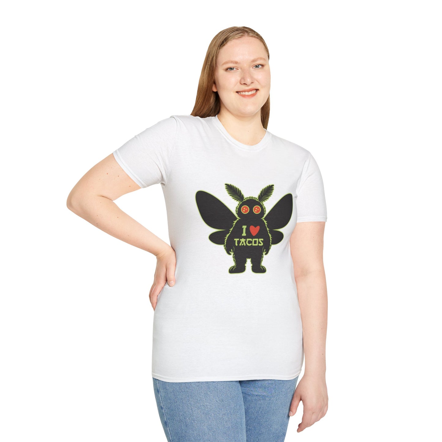 Mothman loves Tacos Unisex Softstyle T-Shirt, Funny Taco Lover Tee, Foodie Gift, Casual Wear, Perfect for Taco Tuesday, Unique Graphic Shirt