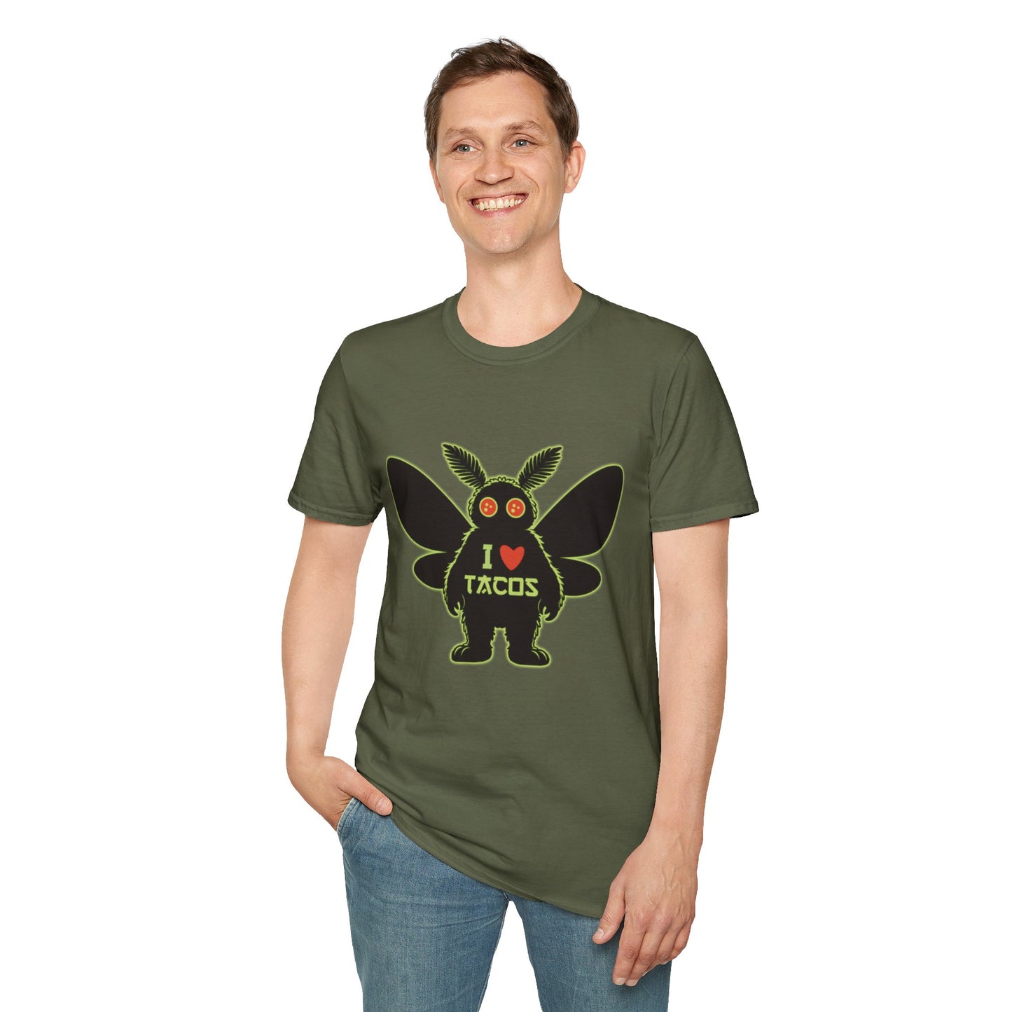 Mothman loves Tacos Unisex Softstyle T-Shirt, Funny Taco Lover Tee, Foodie Gift, Casual Wear, Perfect for Taco Tuesday, Unique Graphic Shirt