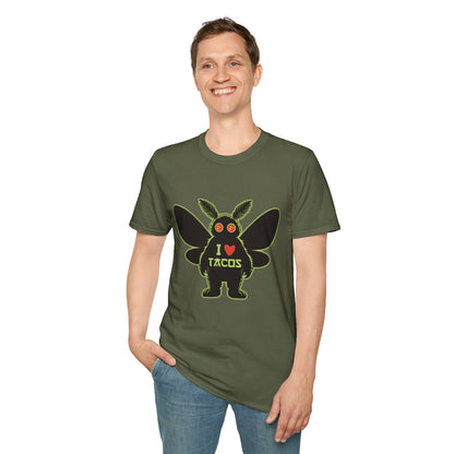 Mothman loves Tacos Unisex Softstyle T-Shirt, Funny Taco Lover Tee, Foodie Gift, Casual Wear, Perfect for Taco Tuesday, Unique Graphic Shirt