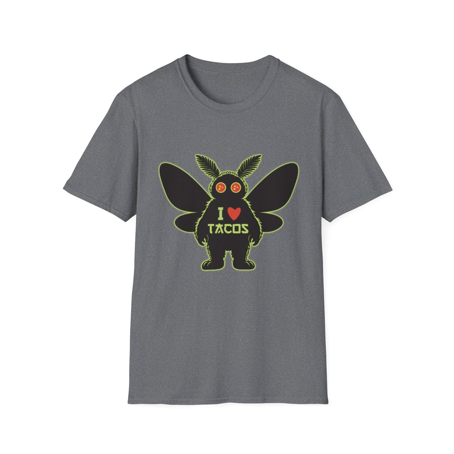 Mothman loves Tacos Unisex Softstyle T-Shirt, Funny Taco Lover Tee, Foodie Gift, Casual Wear, Perfect for Taco Tuesday, Unique Graphic Shirt