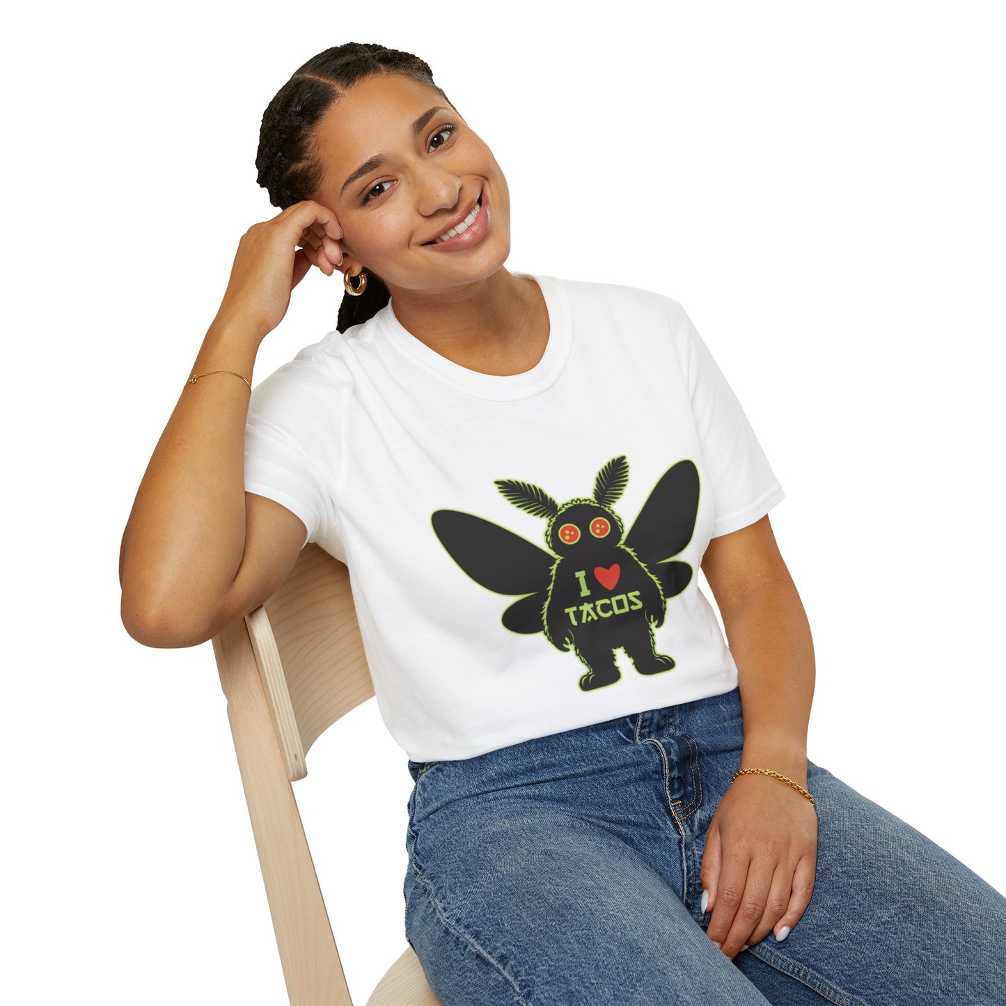 Mothman loves Tacos Unisex Softstyle T-Shirt, Funny Taco Lover Tee, Foodie Gift, Casual Wear, Perfect for Taco Tuesday, Unique Graphic Shirt