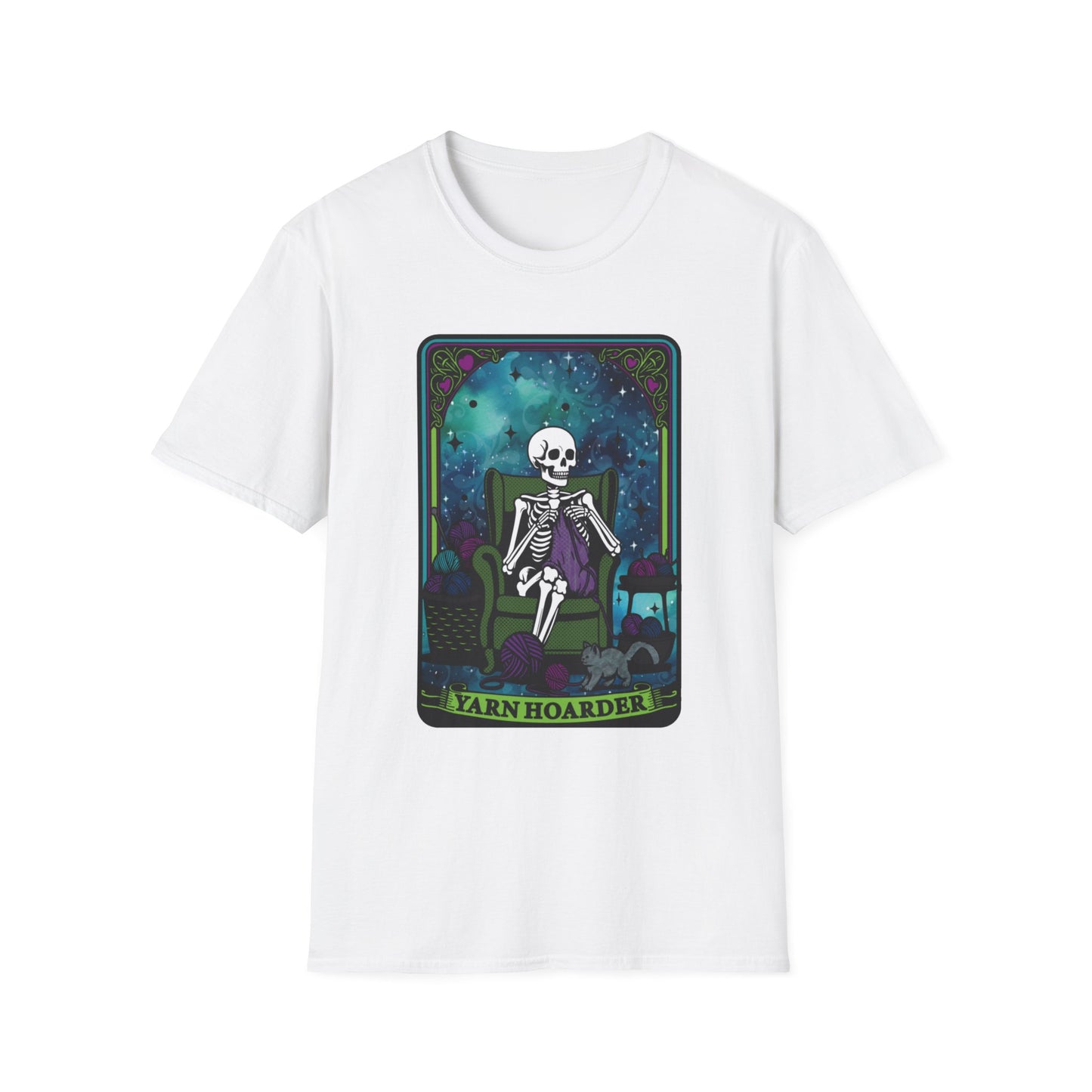 Skeletal Yarn Hoarder T-Shirt, Softstyle Graphic Tee for Crafters, Halloween Apparel, Gift for Knitters, Cozy Casual Wear