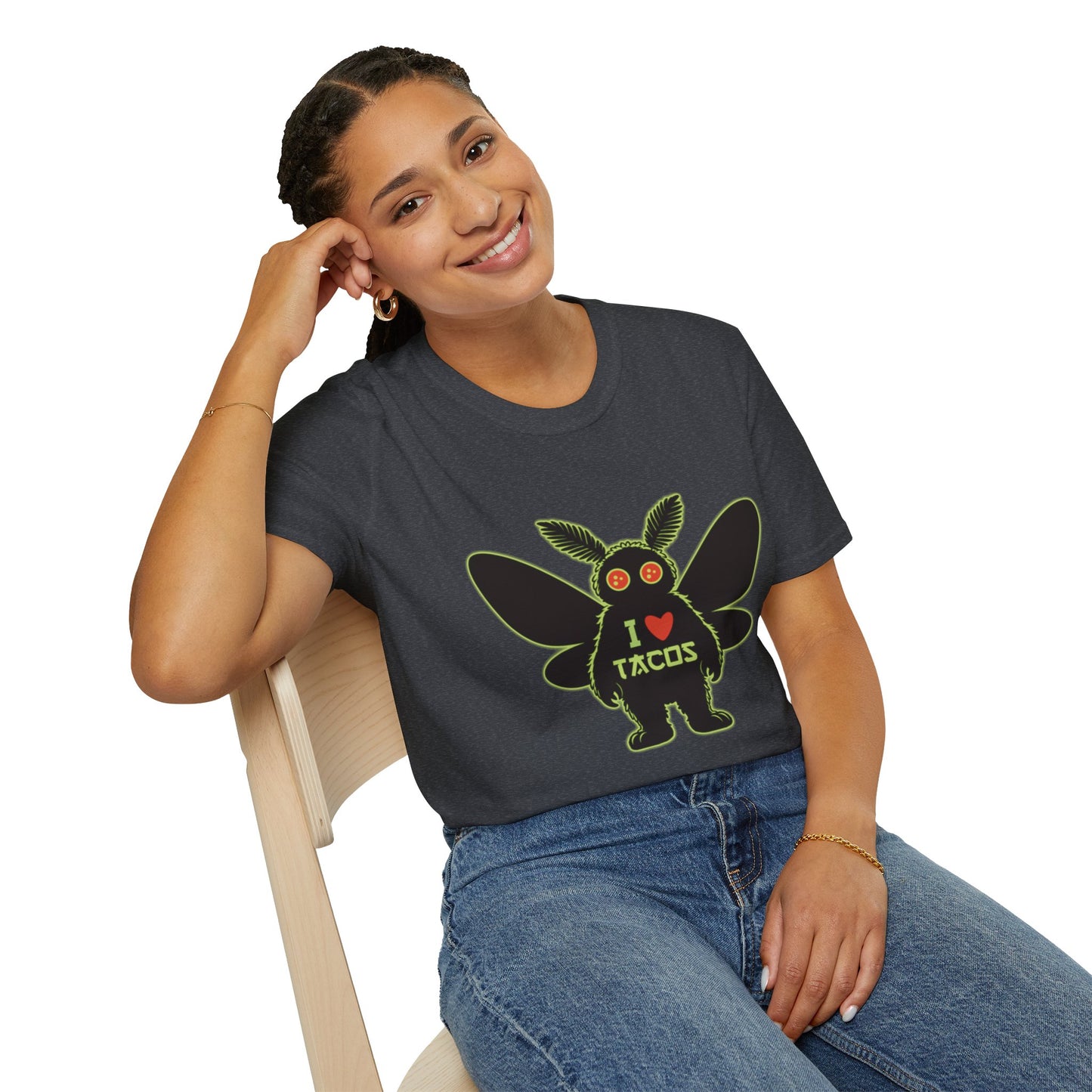 Mothman loves Tacos Unisex Softstyle T-Shirt, Funny Taco Lover Tee, Foodie Gift, Casual Wear, Perfect for Taco Tuesday, Unique Graphic Shirt