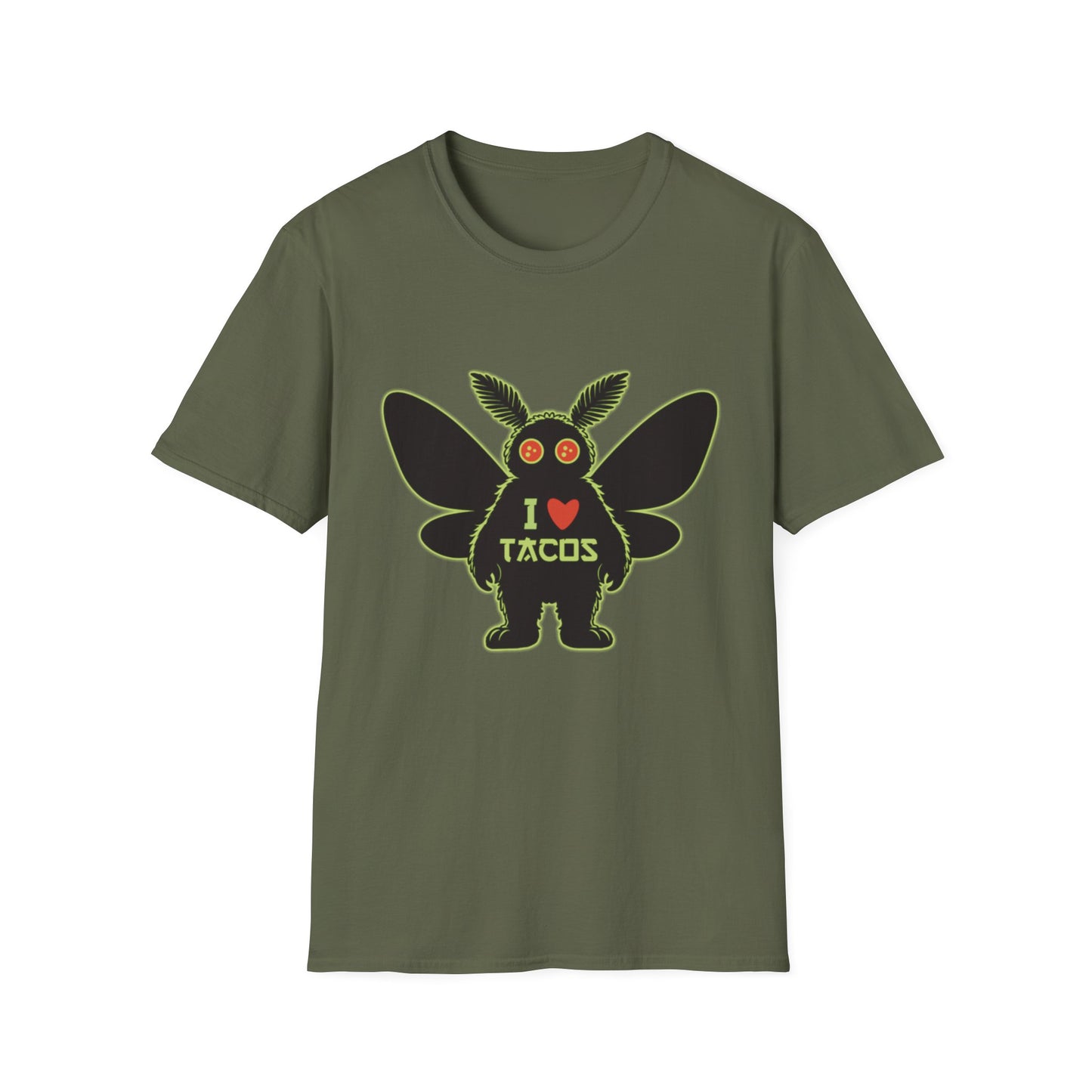 Mothman loves Tacos Unisex Softstyle T-Shirt, Funny Taco Lover Tee, Foodie Gift, Casual Wear, Perfect for Taco Tuesday, Unique Graphic Shirt