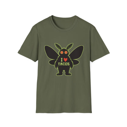 Mothman loves Tacos Unisex Softstyle T-Shirt, Funny Taco Lover Tee, Foodie Gift, Casual Wear, Perfect for Taco Tuesday, Unique Graphic Shirt