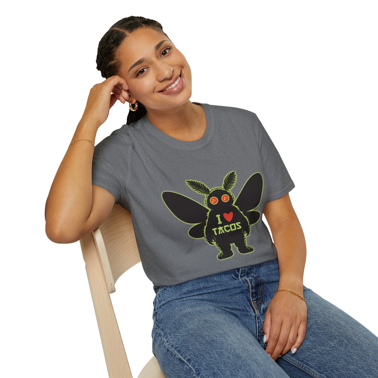 Mothman loves Tacos Unisex Softstyle T-Shirt, Funny Taco Lover Tee, Foodie Gift, Casual Wear, Perfect for Taco Tuesday, Unique Graphic Shirt
