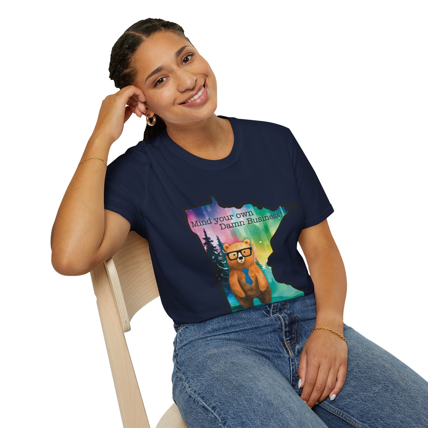Whimsical Minnesota Bear T-Shirt, Mind Your Own Damn Business Tee, Casual Gift, Fun Apparel, Northern Lights Style, Unique Souvenir