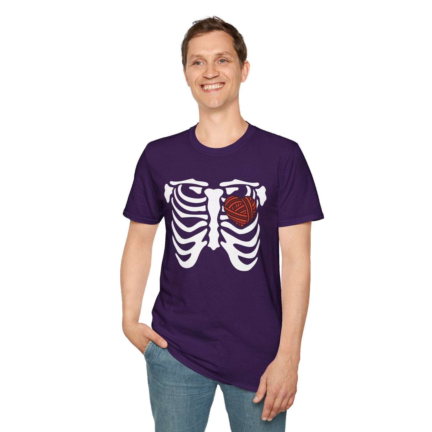 Yarn lover’s Skeleton Heart Unisex T-Shirt | Gift for Couples, Fun Graphic Tee, Romantic Apparel, Halloween Shirt, Love Theme