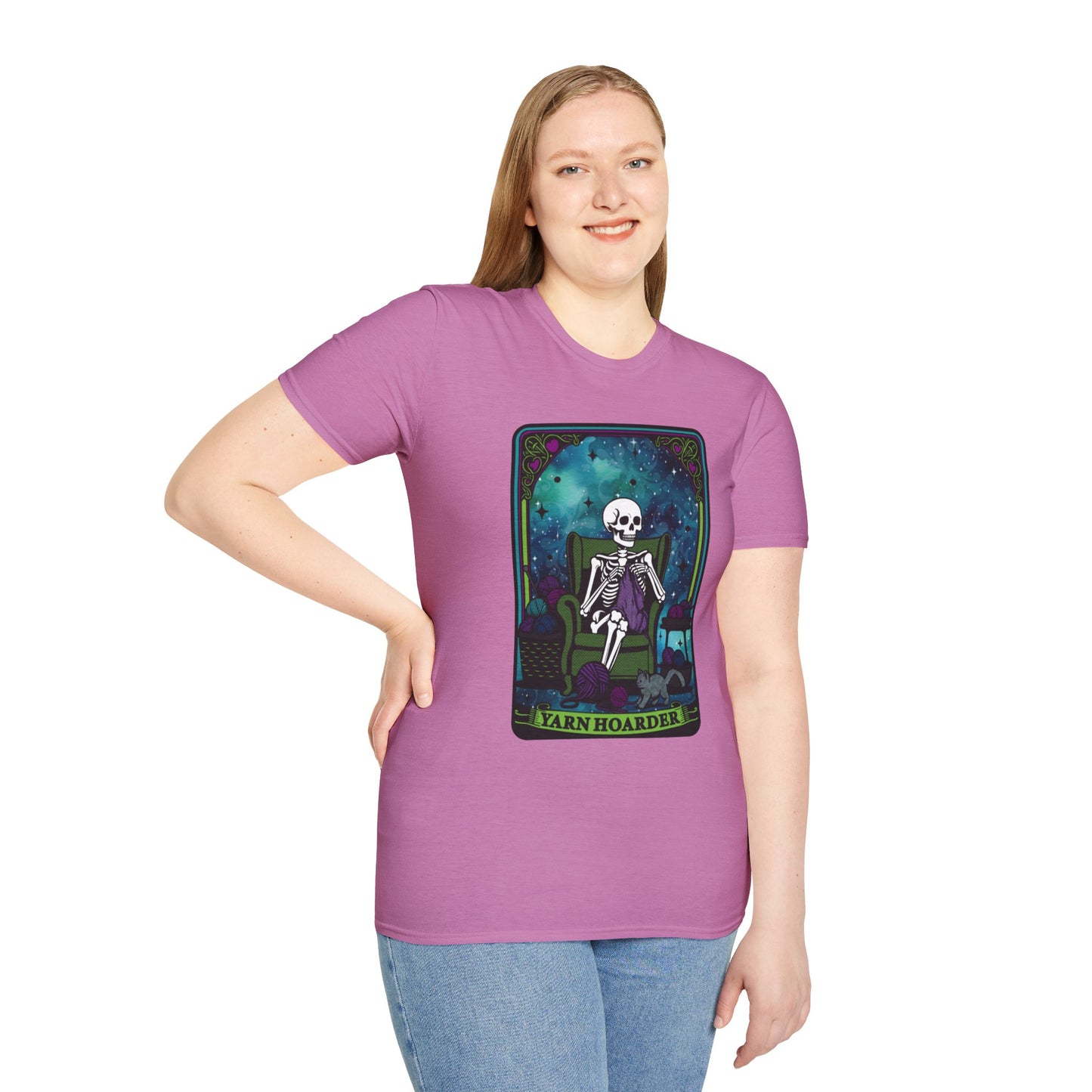 Skeletal Yarn Hoarder T-Shirt, Softstyle Graphic Tee for Crafters, Halloween Apparel, Gift for Knitters, Cozy Casual Wear