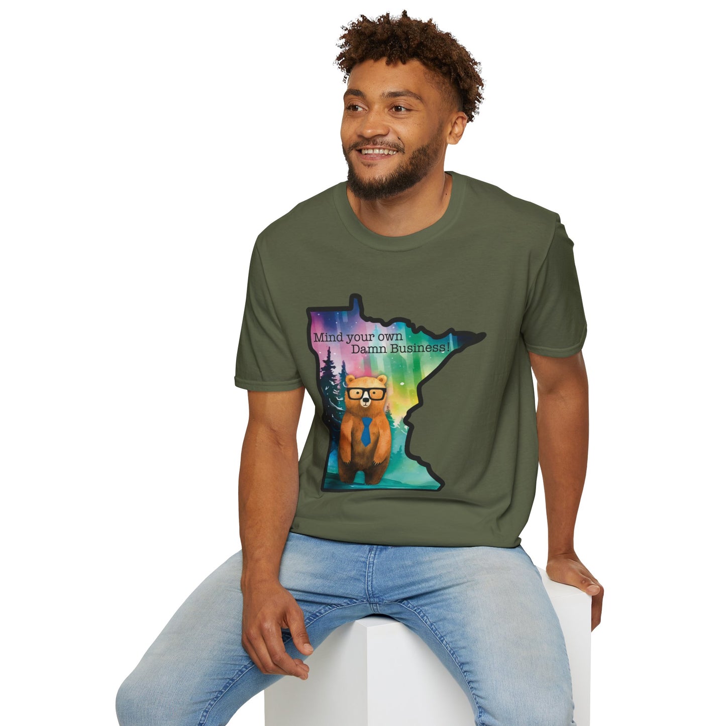 Whimsical Minnesota Bear T-Shirt, Mind Your Own Damn Business Tee, Casual Gift, Fun Apparel, Northern Lights Style, Unique Souvenir