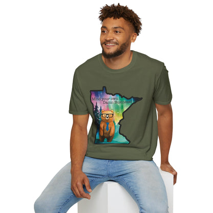 Whimsical Minnesota Bear T-Shirt, Mind Your Own Damn Business Tee, Casual Gift, Fun Apparel, Northern Lights Style, Unique Souvenir