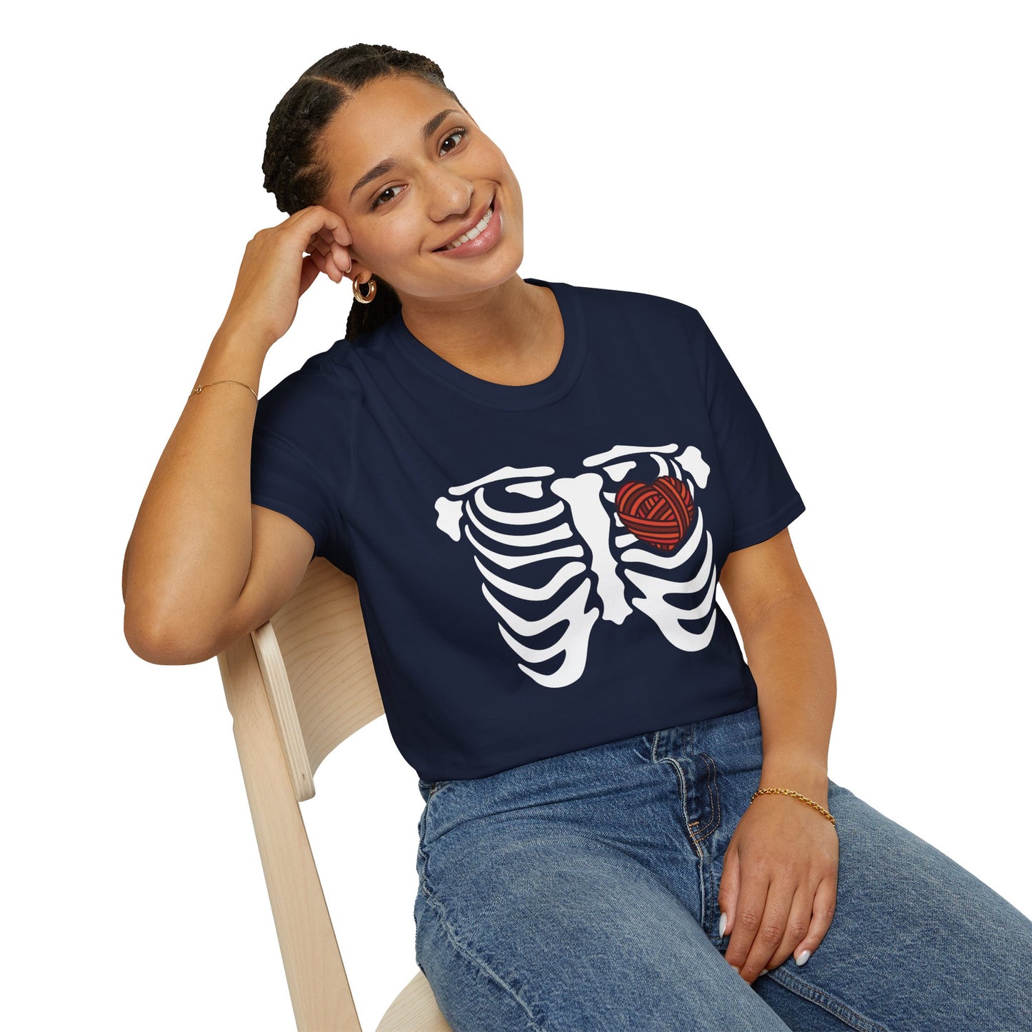 Yarn lover’s Skeleton Heart Unisex T-Shirt | Gift for Couples, Fun Graphic Tee, Romantic Apparel, Halloween Shirt, Love Theme