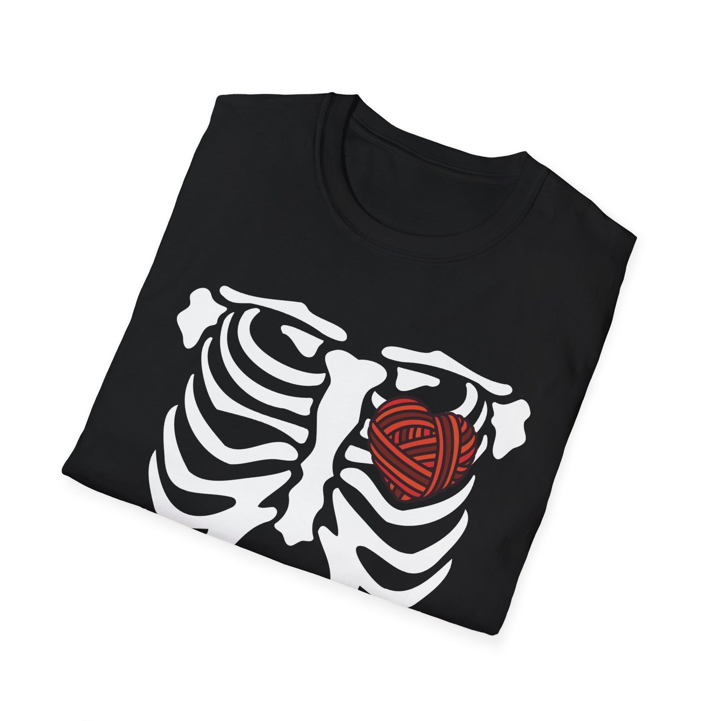 Yarn lover’s Skeleton Heart Unisex T-Shirt | Gift for Couples, Fun Graphic Tee, Romantic Apparel, Halloween Shirt, Love Theme