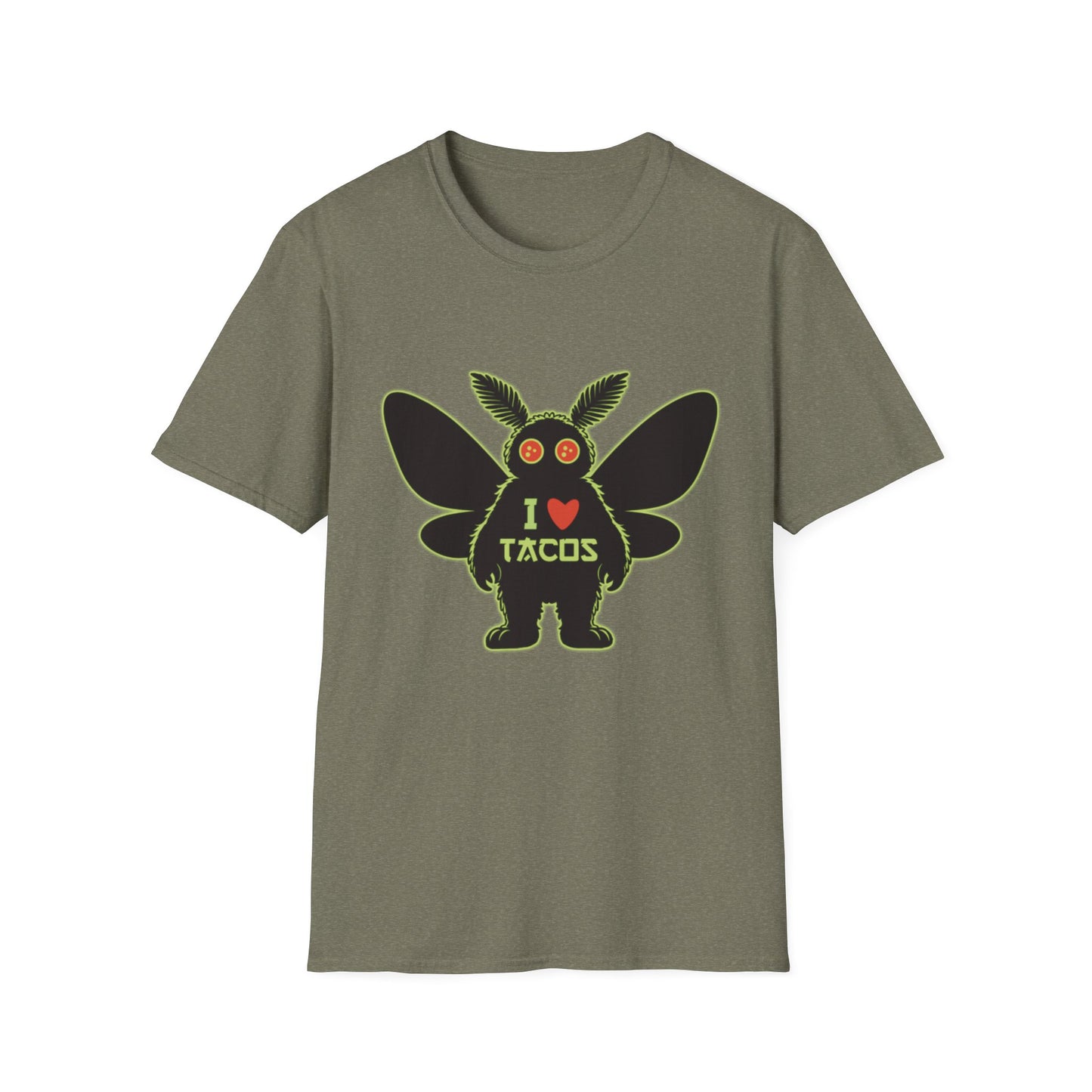 Mothman loves Tacos Unisex Softstyle T-Shirt, Funny Taco Lover Tee, Foodie Gift, Casual Wear, Perfect for Taco Tuesday, Unique Graphic Shirt