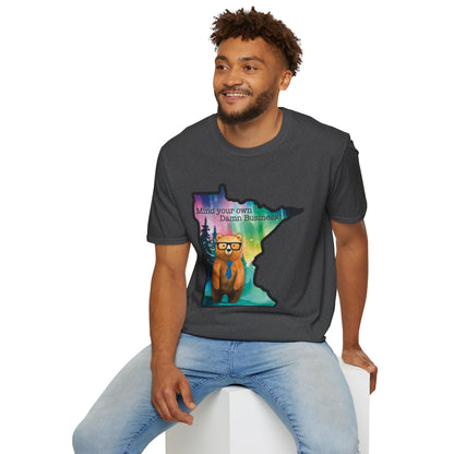 Whimsical Minnesota Bear T-Shirt, Mind Your Own Damn Business Tee, Casual Gift, Fun Apparel, Northern Lights Style, Unique Souvenir