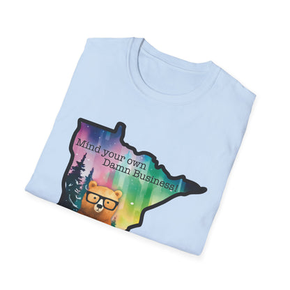 Whimsical Minnesota Bear T-Shirt, Mind Your Own Damn Business Tee, Casual Gift, Fun Apparel, Northern Lights Style, Unique Souvenir