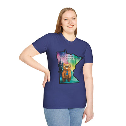 Whimsical Minnesota Bear T-Shirt, Mind Your Own Damn Business Tee, Casual Gift, Fun Apparel, Northern Lights Style, Unique Souvenir