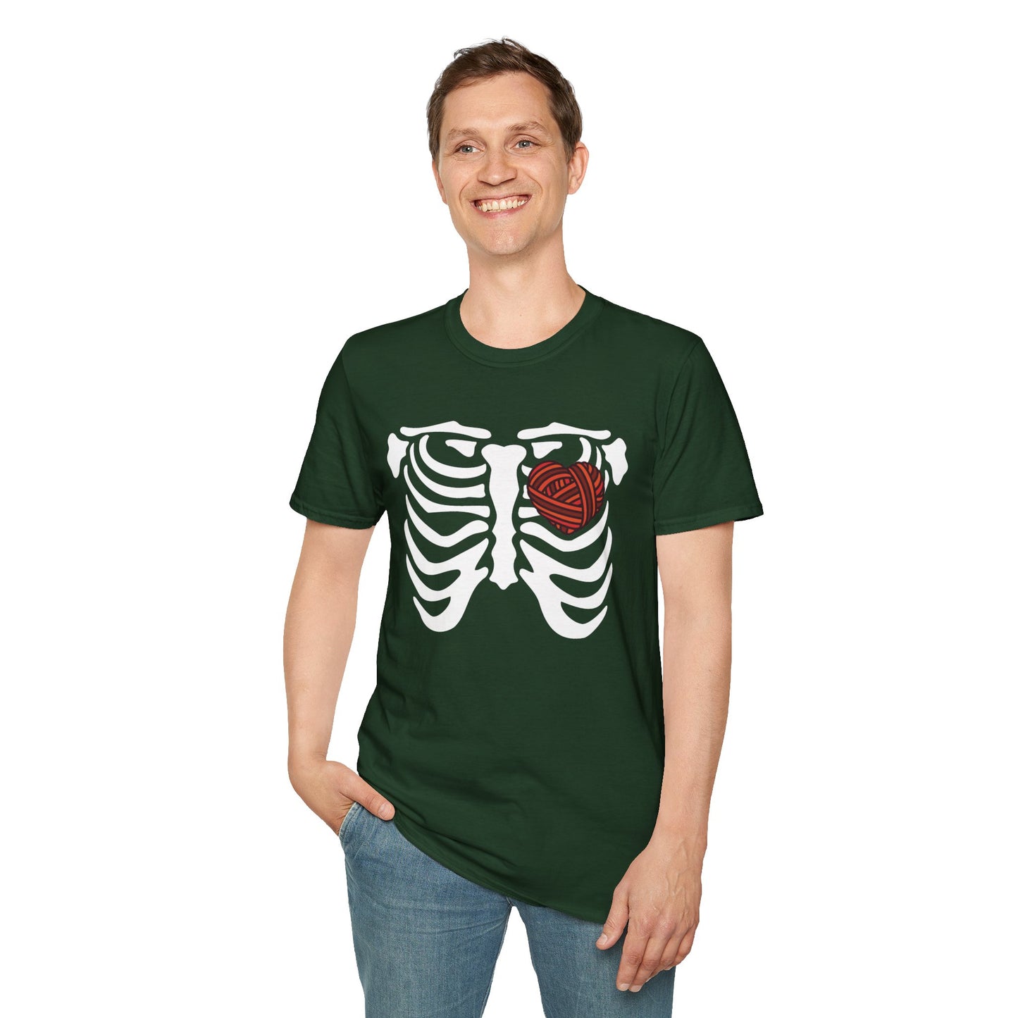 Yarn lover’s Skeleton Heart Unisex T-Shirt | Gift for Couples, Fun Graphic Tee, Romantic Apparel, Halloween Shirt, Love Theme