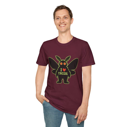 Mothman loves Tacos Unisex Softstyle T-Shirt, Funny Taco Lover Tee, Foodie Gift, Casual Wear, Perfect for Taco Tuesday, Unique Graphic Shirt