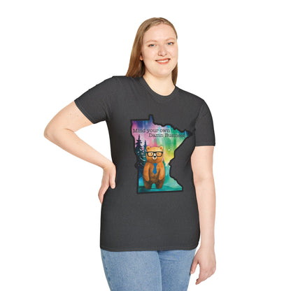 Whimsical Minnesota Bear T-Shirt, Mind Your Own Damn Business Tee, Casual Gift, Fun Apparel, Northern Lights Style, Unique Souvenir