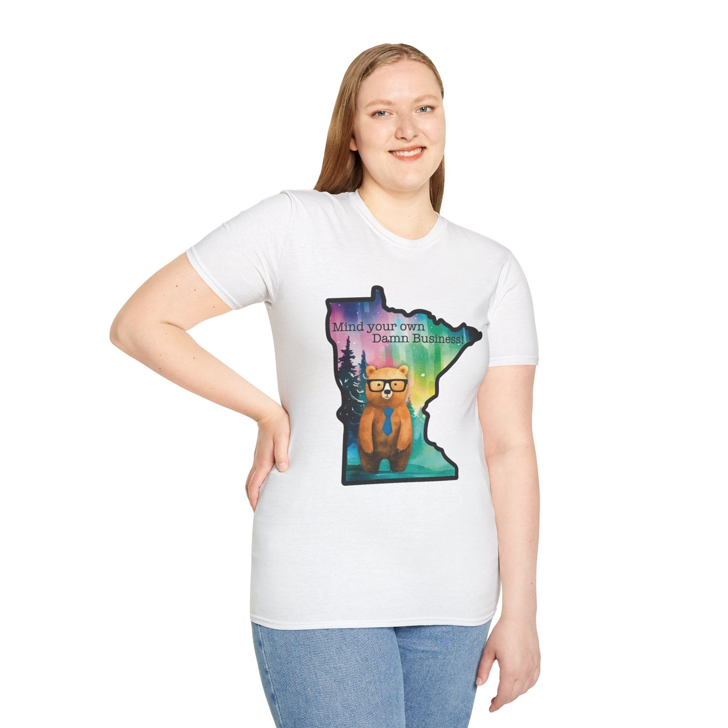 Whimsical Minnesota Bear T-Shirt, Mind Your Own Damn Business Tee, Casual Gift, Fun Apparel, Northern Lights Style, Unique Souvenir