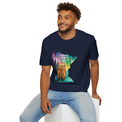 Whimsical Minnesota Bear T-Shirt, Mind Your Own Damn Business Tee, Casual Gift, Fun Apparel, Northern Lights Style, Unique Souvenir