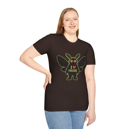 Mothman loves Tacos Unisex Softstyle T-Shirt, Funny Taco Lover Tee, Foodie Gift, Casual Wear, Perfect for Taco Tuesday, Unique Graphic Shirt