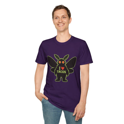 Mothman loves Tacos Unisex Softstyle T-Shirt, Funny Taco Lover Tee, Foodie Gift, Casual Wear, Perfect for Taco Tuesday, Unique Graphic Shirt