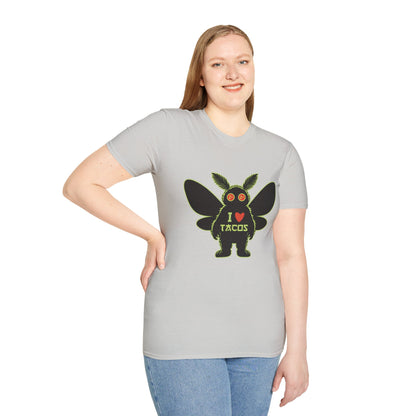 Mothman loves Tacos Unisex Softstyle T-Shirt, Funny Taco Lover Tee, Foodie Gift, Casual Wear, Perfect for Taco Tuesday, Unique Graphic Shirt