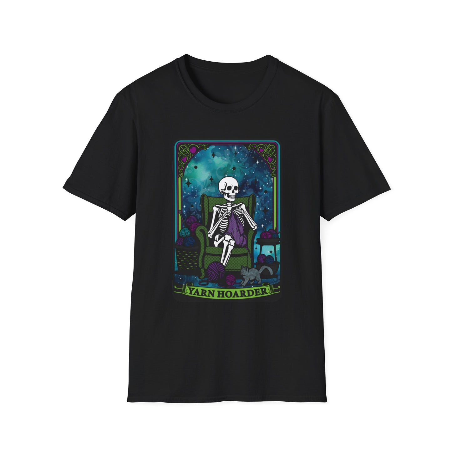 Skeletal Yarn Hoarder T-Shirt, Softstyle Graphic Tee for Crafters, Halloween Apparel, Gift for Knitters, Cozy Casual Wear