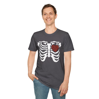 Yarn lover’s Skeleton Heart Unisex T-Shirt | Gift for Couples, Fun Graphic Tee, Romantic Apparel, Halloween Shirt, Love Theme