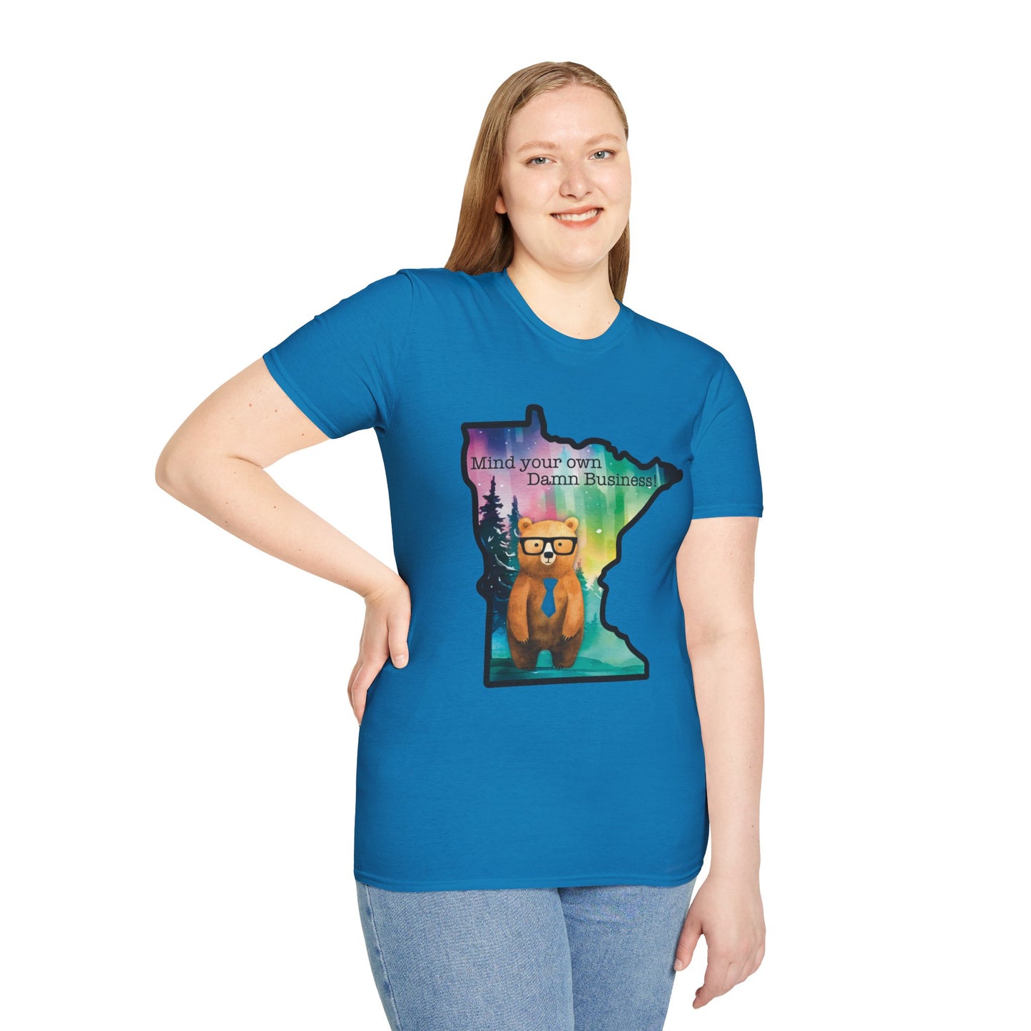 Whimsical Minnesota Bear T-Shirt, Mind Your Own Damn Business Tee, Casual Gift, Fun Apparel, Northern Lights Style, Unique Souvenir