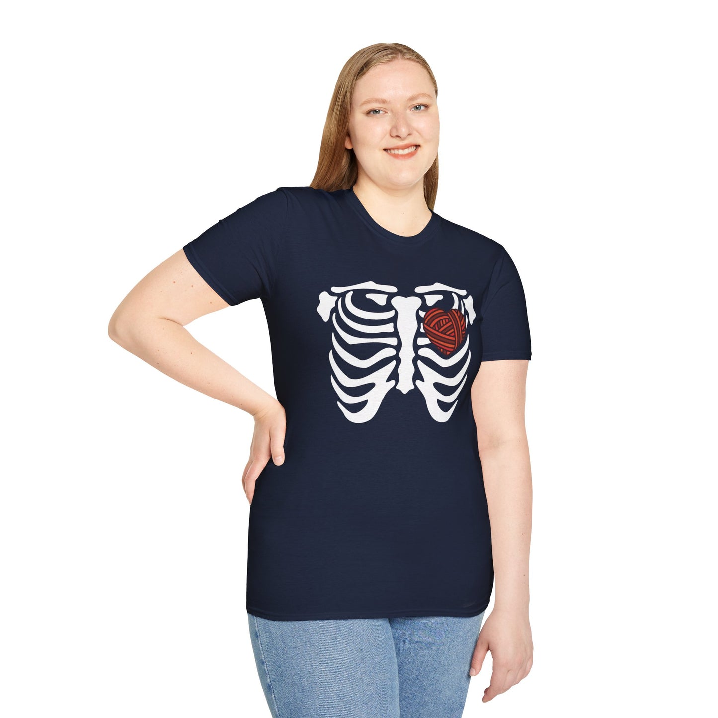 Yarn lover’s Skeleton Heart Unisex T-Shirt | Gift for Couples, Fun Graphic Tee, Romantic Apparel, Halloween Shirt, Love Theme