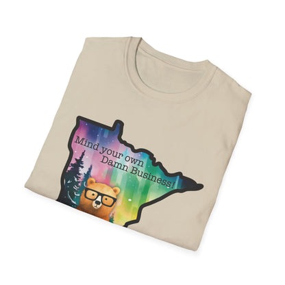 Whimsical Minnesota Bear T-Shirt, Mind Your Own Damn Business Tee, Casual Gift, Fun Apparel, Northern Lights Style, Unique Souvenir