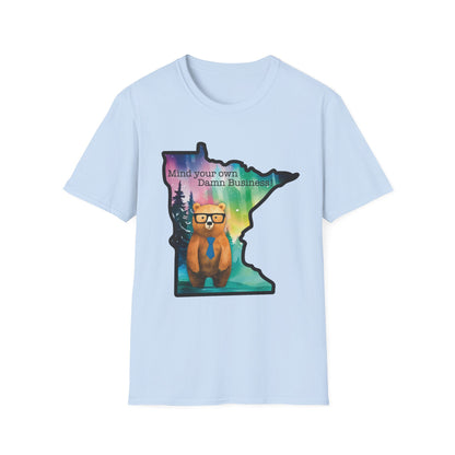 Whimsical Minnesota Bear T-Shirt, Mind Your Own Damn Business Tee, Casual Gift, Fun Apparel, Northern Lights Style, Unique Souvenir