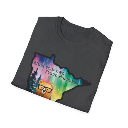 Whimsical Minnesota Bear T-Shirt, Mind Your Own Damn Business Tee, Casual Gift, Fun Apparel, Northern Lights Style, Unique Souvenir