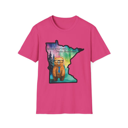 Whimsical Minnesota Bear T-Shirt, Mind Your Own Damn Business Tee, Casual Gift, Fun Apparel, Northern Lights Style, Unique Souvenir