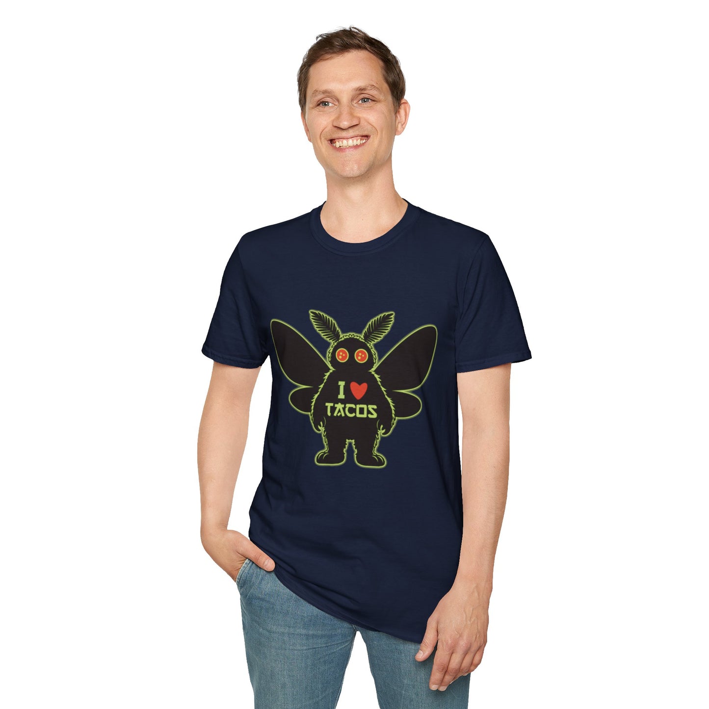 Mothman loves Tacos Unisex Softstyle T-Shirt, Funny Taco Lover Tee, Foodie Gift, Casual Wear, Perfect for Taco Tuesday, Unique Graphic Shirt