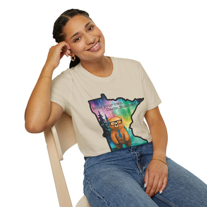Whimsical Minnesota Bear T-Shirt, Mind Your Own Damn Business Tee, Casual Gift, Fun Apparel, Northern Lights Style, Unique Souvenir