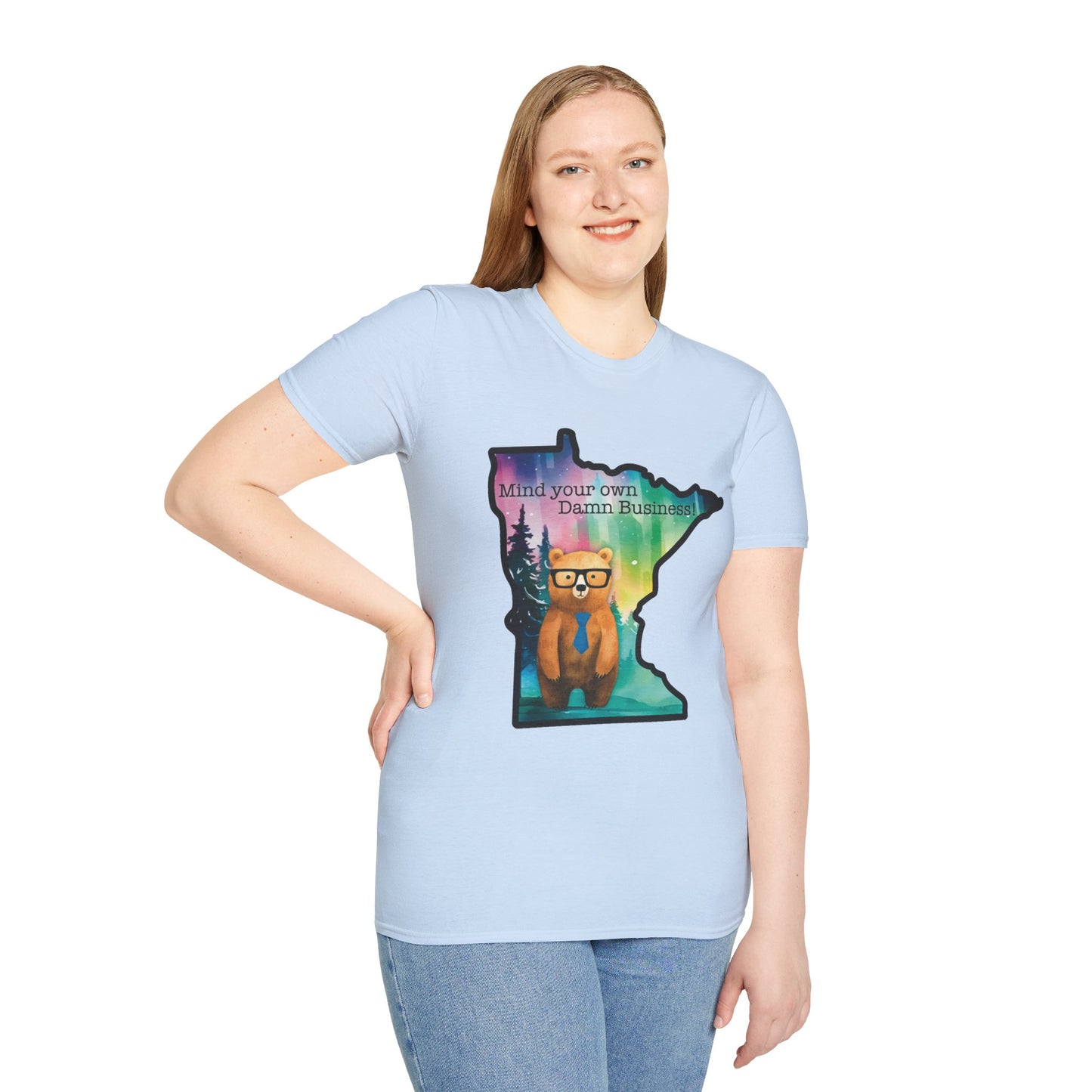 Whimsical Minnesota Bear T-Shirt, Mind Your Own Damn Business Tee, Casual Gift, Fun Apparel, Northern Lights Style, Unique Souvenir