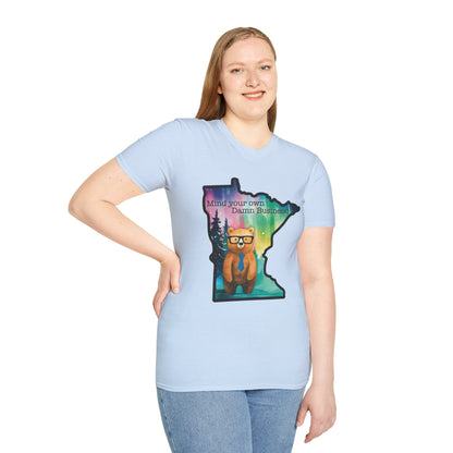 Whimsical Minnesota Bear T-Shirt, Mind Your Own Damn Business Tee, Casual Gift, Fun Apparel, Northern Lights Style, Unique Souvenir