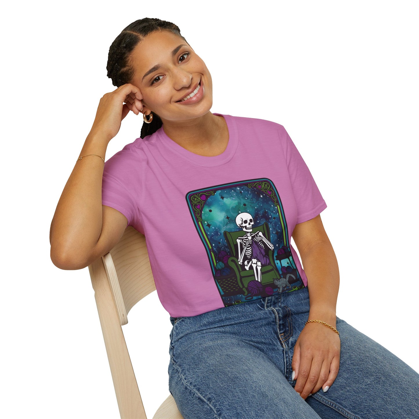 Skeletal Yarn Hoarder T-Shirt, Softstyle Graphic Tee for Crafters, Halloween Apparel, Gift for Knitters, Cozy Casual Wear