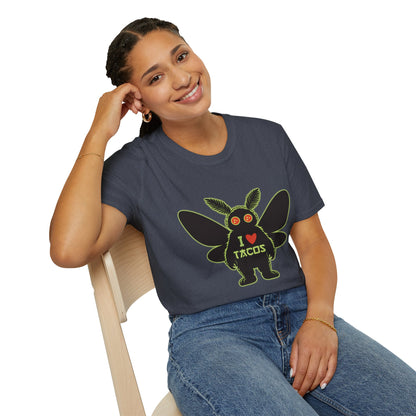 Mothman loves Tacos Unisex Softstyle T-Shirt, Funny Taco Lover Tee, Foodie Gift, Casual Wear, Perfect for Taco Tuesday, Unique Graphic Shirt