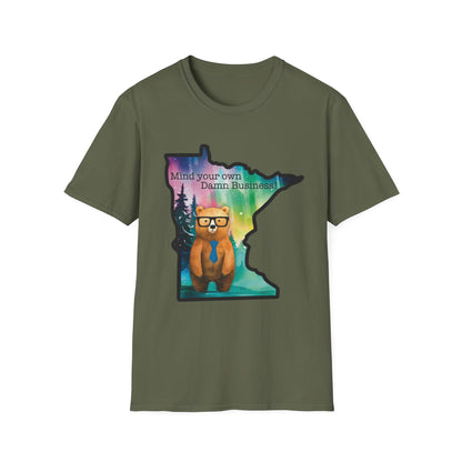 Whimsical Minnesota Bear T-Shirt, Mind Your Own Damn Business Tee, Casual Gift, Fun Apparel, Northern Lights Style, Unique Souvenir