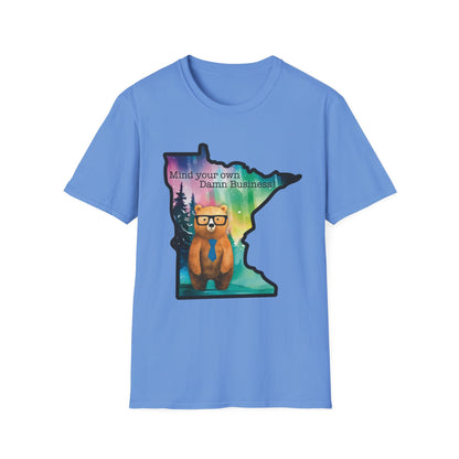 Whimsical Minnesota Bear T-Shirt, Mind Your Own Damn Business Tee, Casual Gift, Fun Apparel, Northern Lights Style, Unique Souvenir
